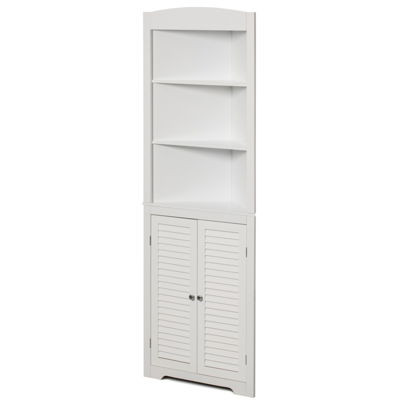 6.51E+11 White Standing Storage Corner Cabinet Organizer with 3 Open Shelf and Double Shutter Doors